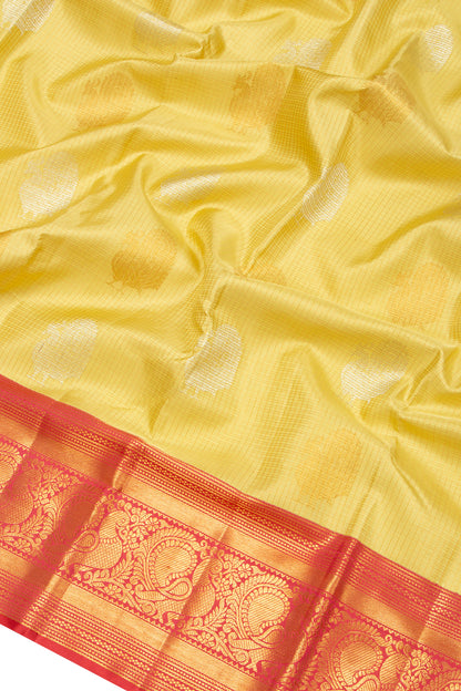 Kanchipuram Silk Checks And Butta Light Yellow Saree