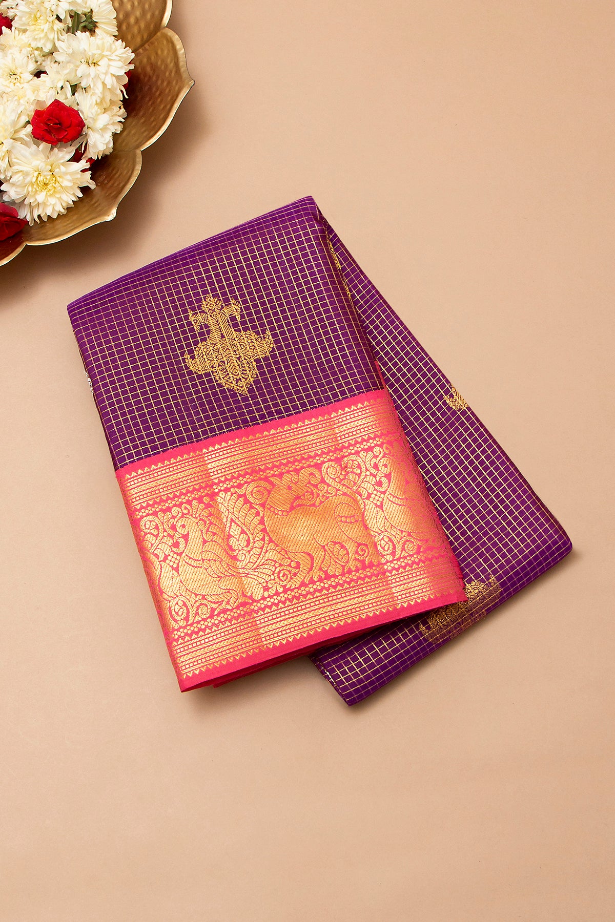 Kanchipuram Silk Checks And Butta Purple Saree