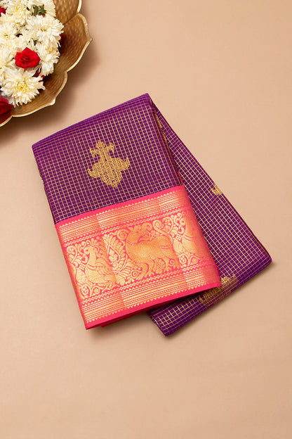 Kanchipuram Silk Checks And Butta Purple Saree