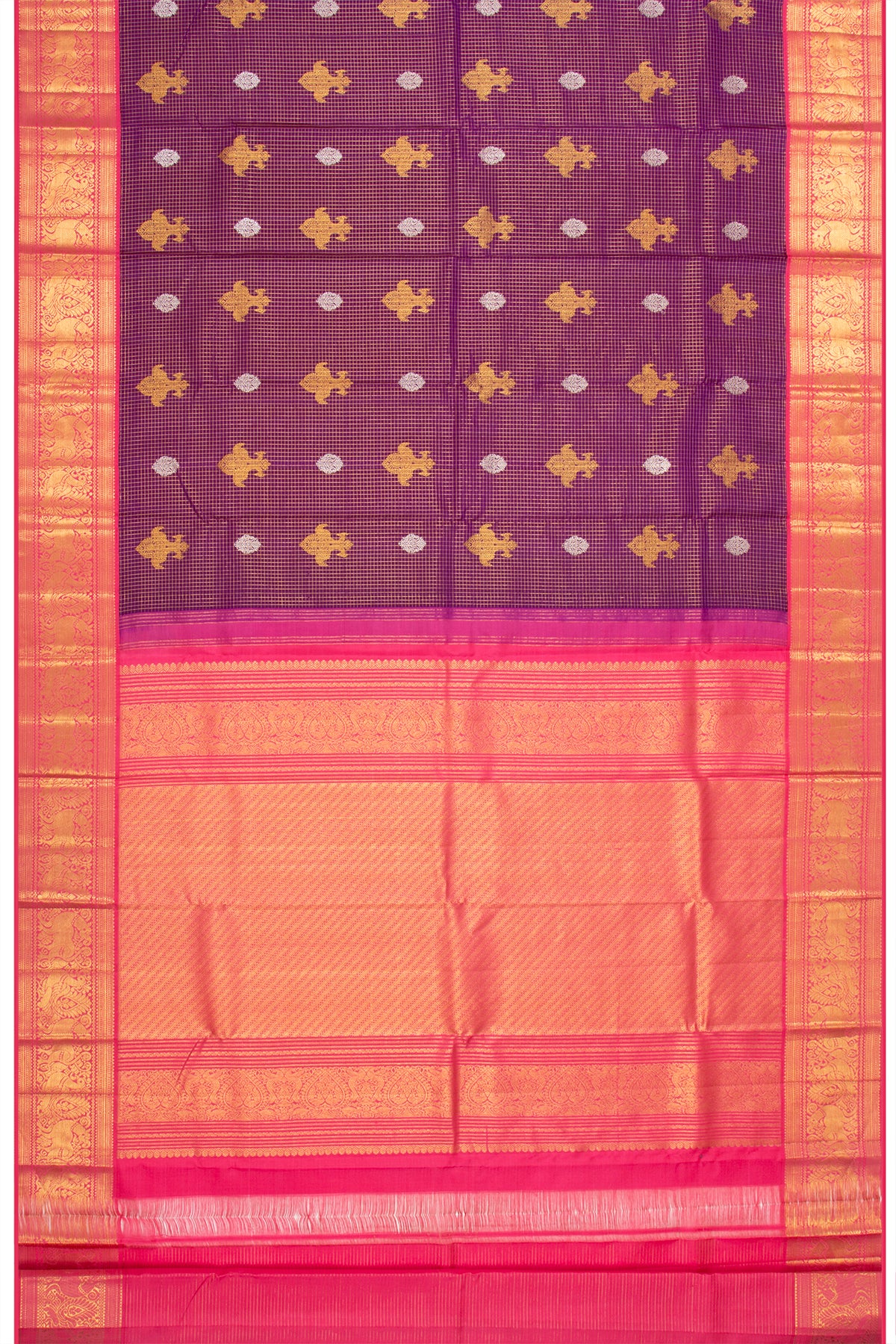 Kanchipuram Silk Checks And Butta Purple Saree