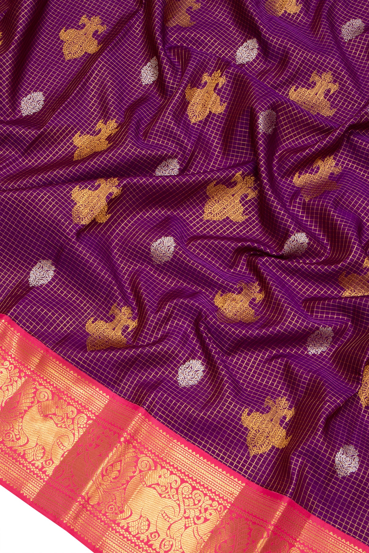 Kanchipuram Silk Checks And Butta Purple Saree