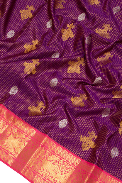 Kanchipuram Silk Checks And Butta Purple Saree