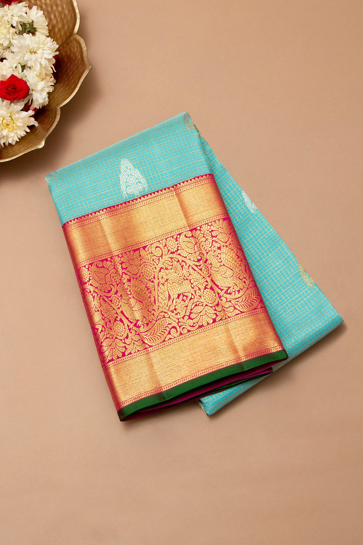 Kanchipuram Silk Checks And Butta Sky Blue Saree