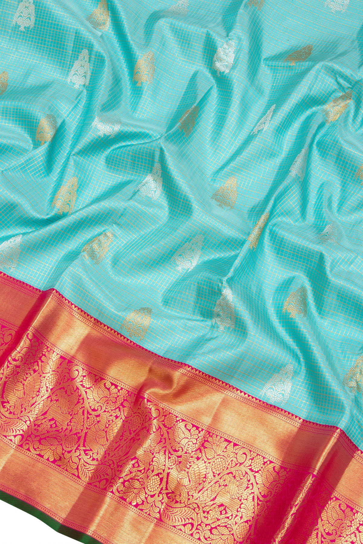 Kanchipuram Silk Checks And Butta Sky Blue Saree