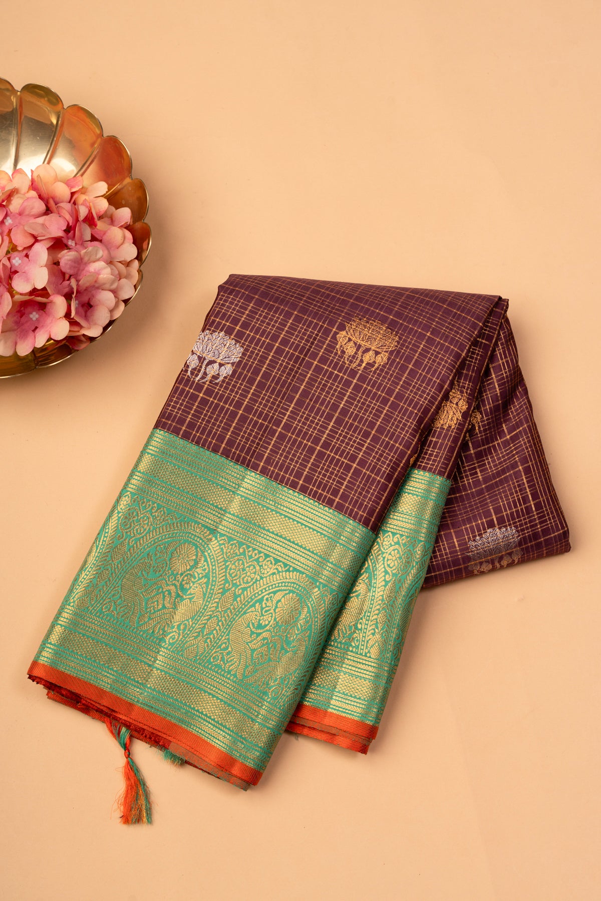 Kanchipuram Silk Checks and Butta Brown Saree