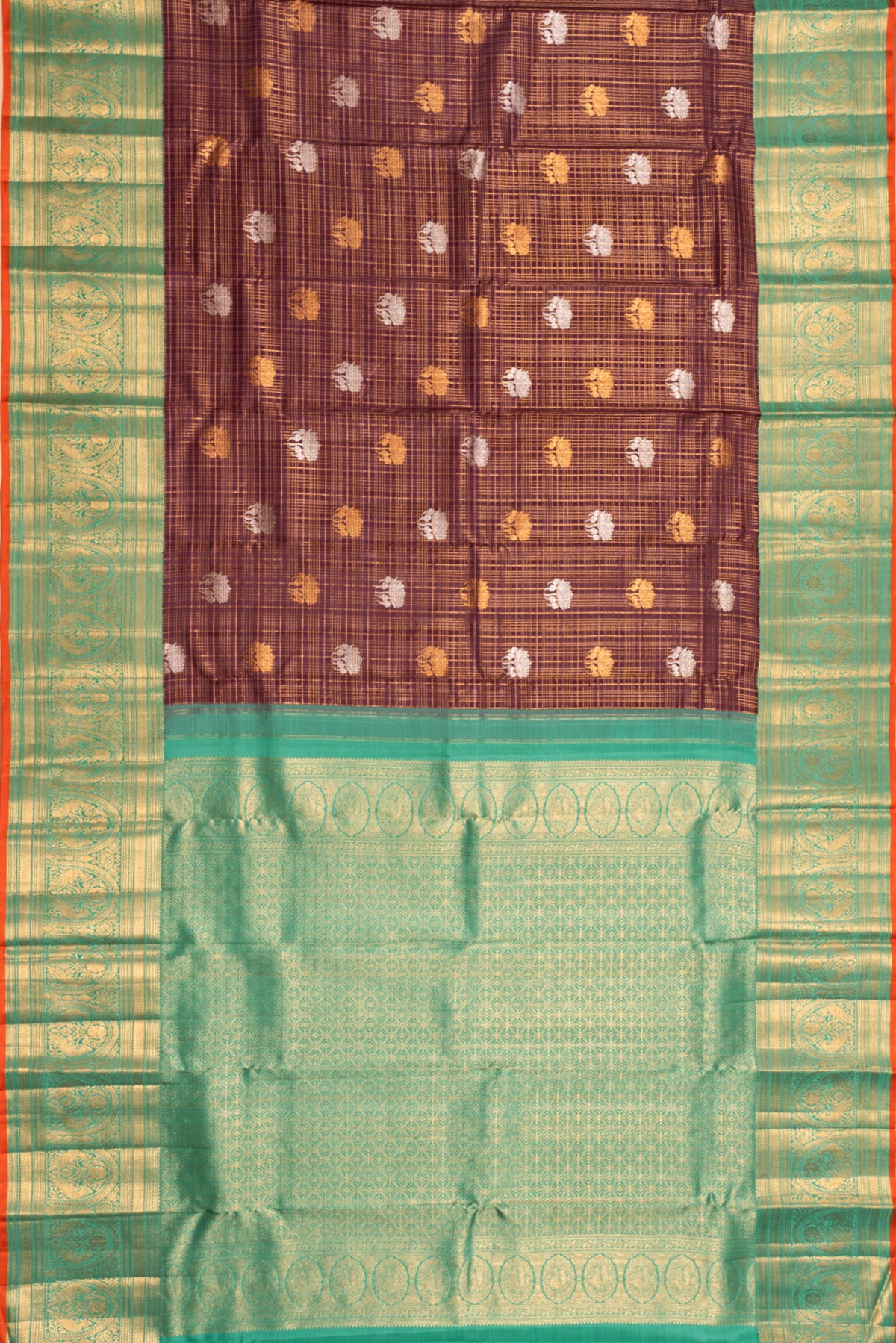 Kanchipuram Silk Checks and Butta Brown Saree