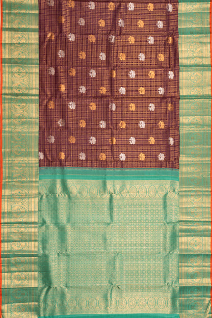 Kanchipuram Silk Checks and Butta Brown Saree