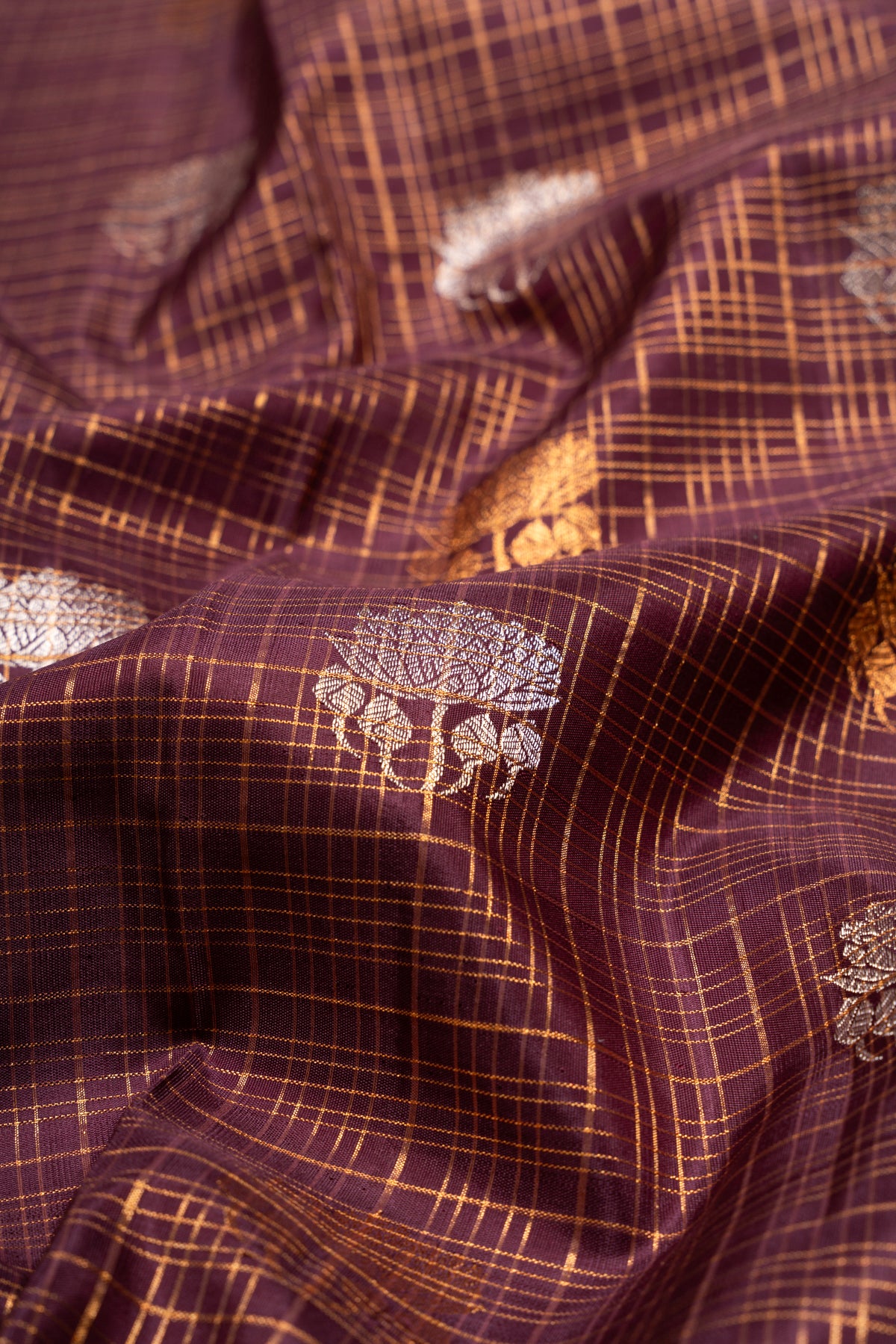 Kanchipuram Silk Checks and Butta Brown Saree