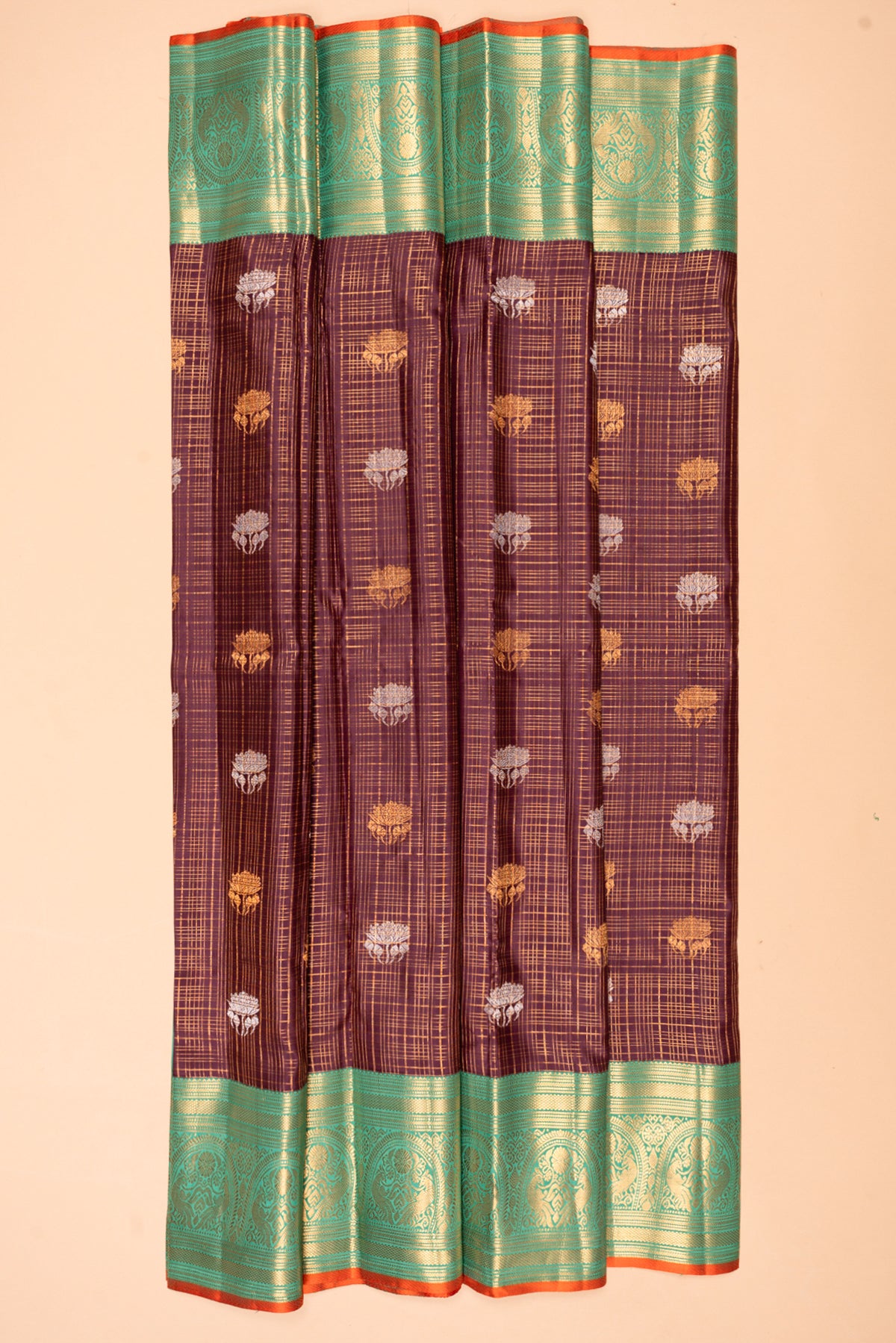 Kanchipuram Silk Checks and Butta Brown Saree