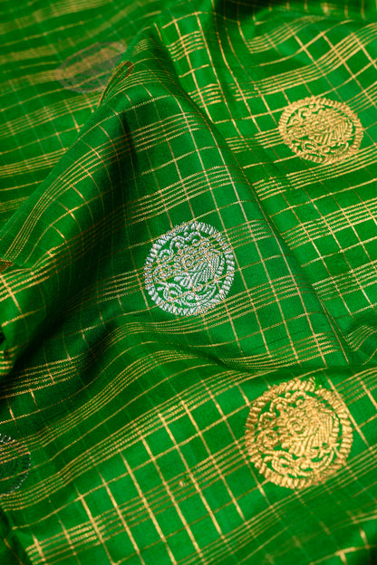 Kanchipuram Silk Checks and Butta Green Saree