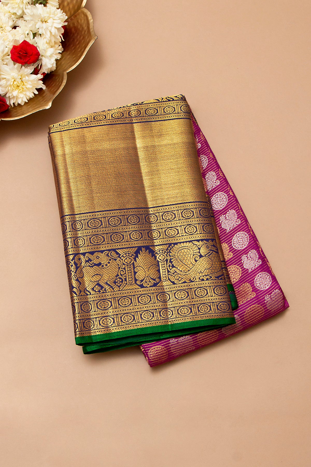 Kanchipuram Silk Horizontal Lines And Butta Purple Saree