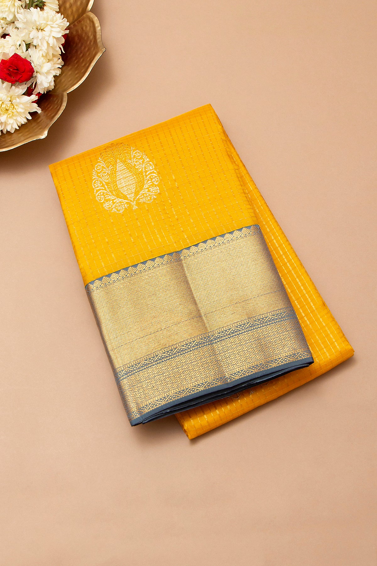 Kanchipuram Silk Checks And Butta Musturd Yellow Saree