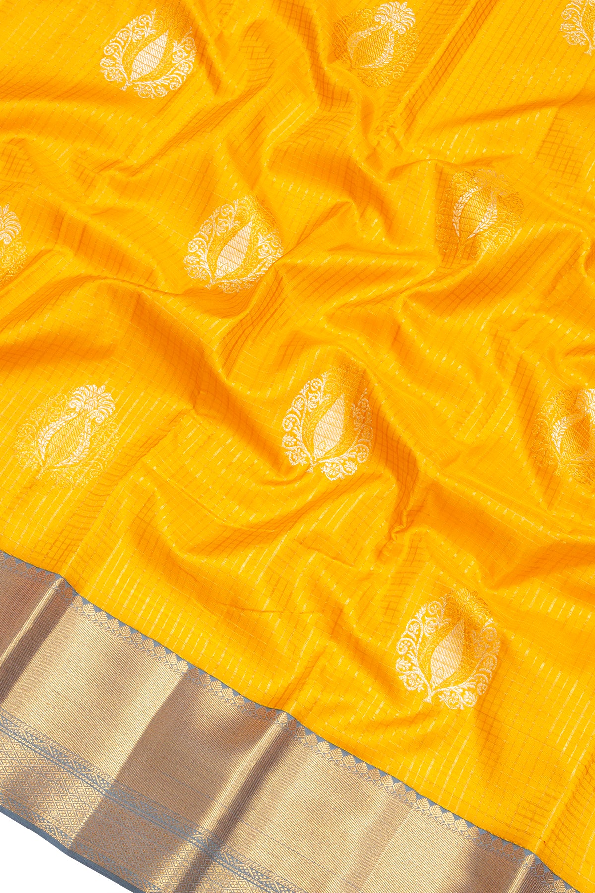 Kanchipuram Silk Checks And Butta Musturd Yellow Saree