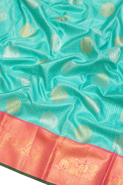 Kanchipuram Silk Checks And Butta Sky Blue Saree