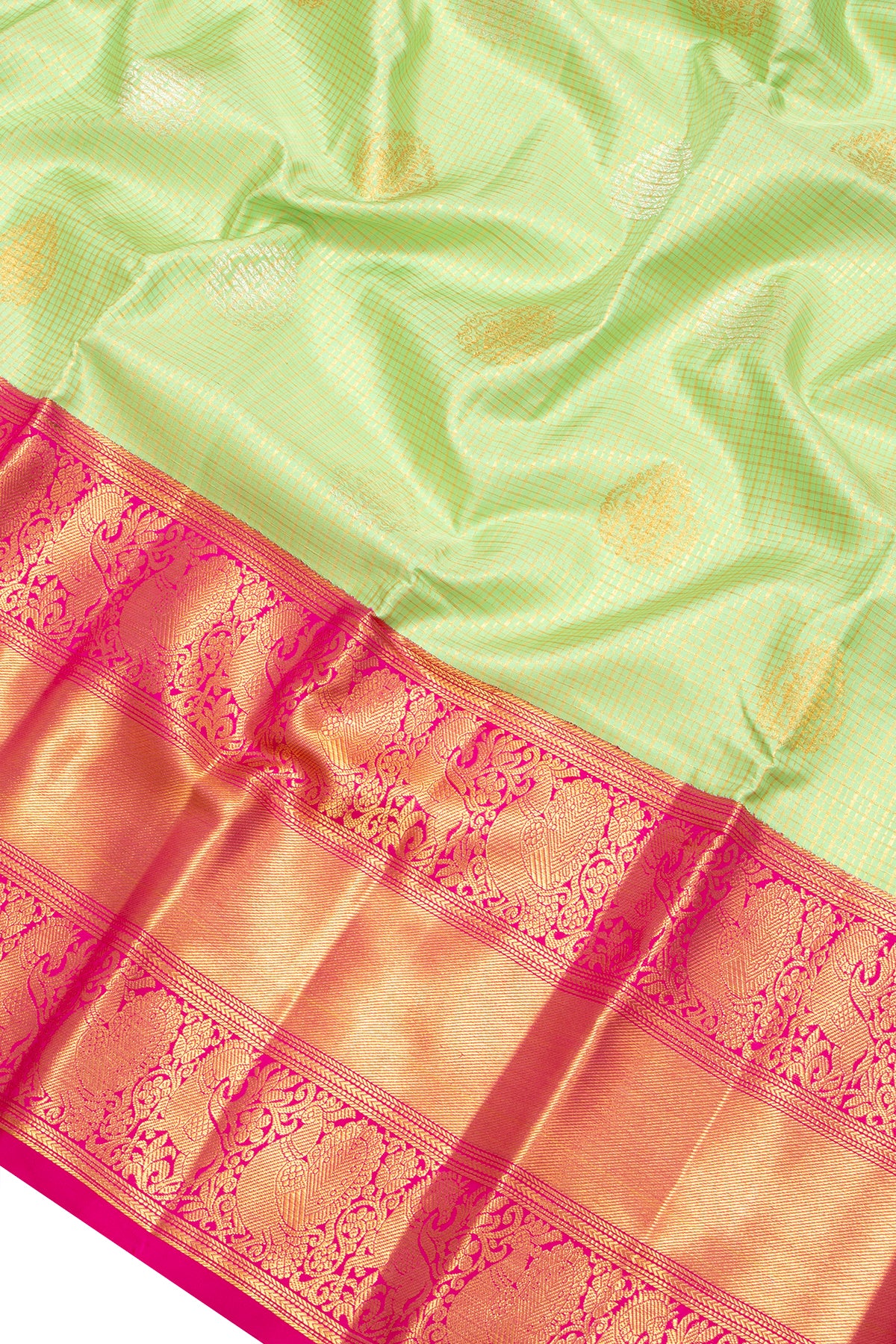 Kanchipuram Silk Checks And Butta Pista Green Saree