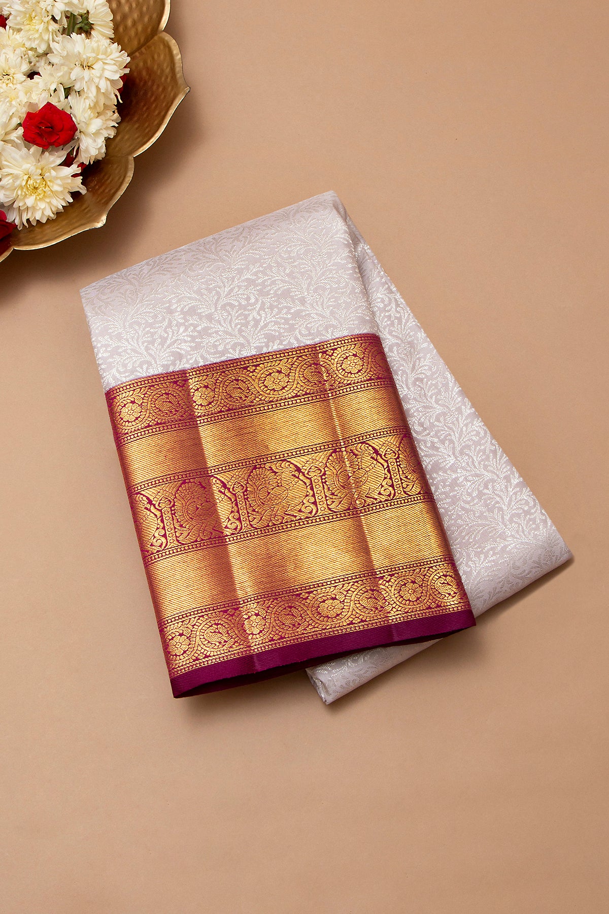 Kanchipuram Silk Brocade White Saree