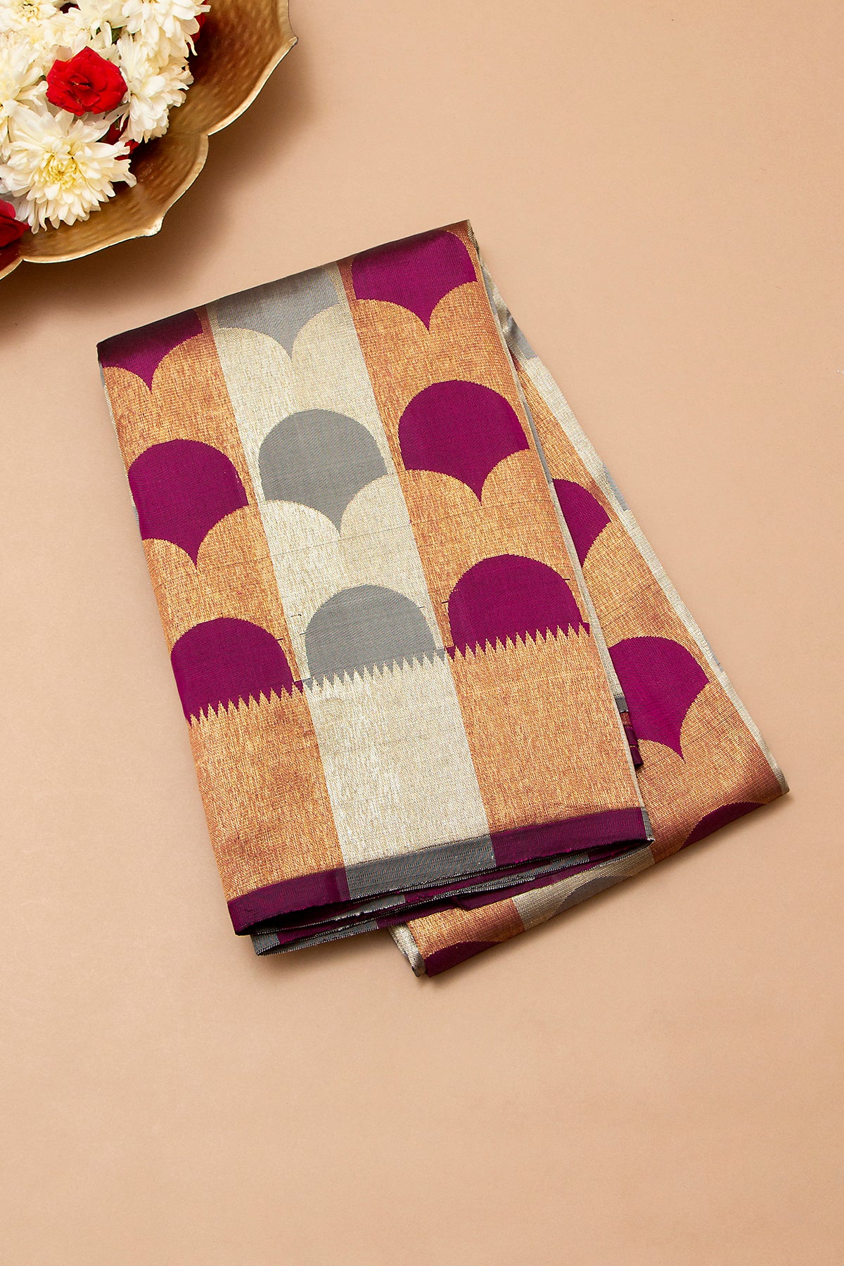 Kanchipuram Silk Tissue Brocade Grey And Purple Saree