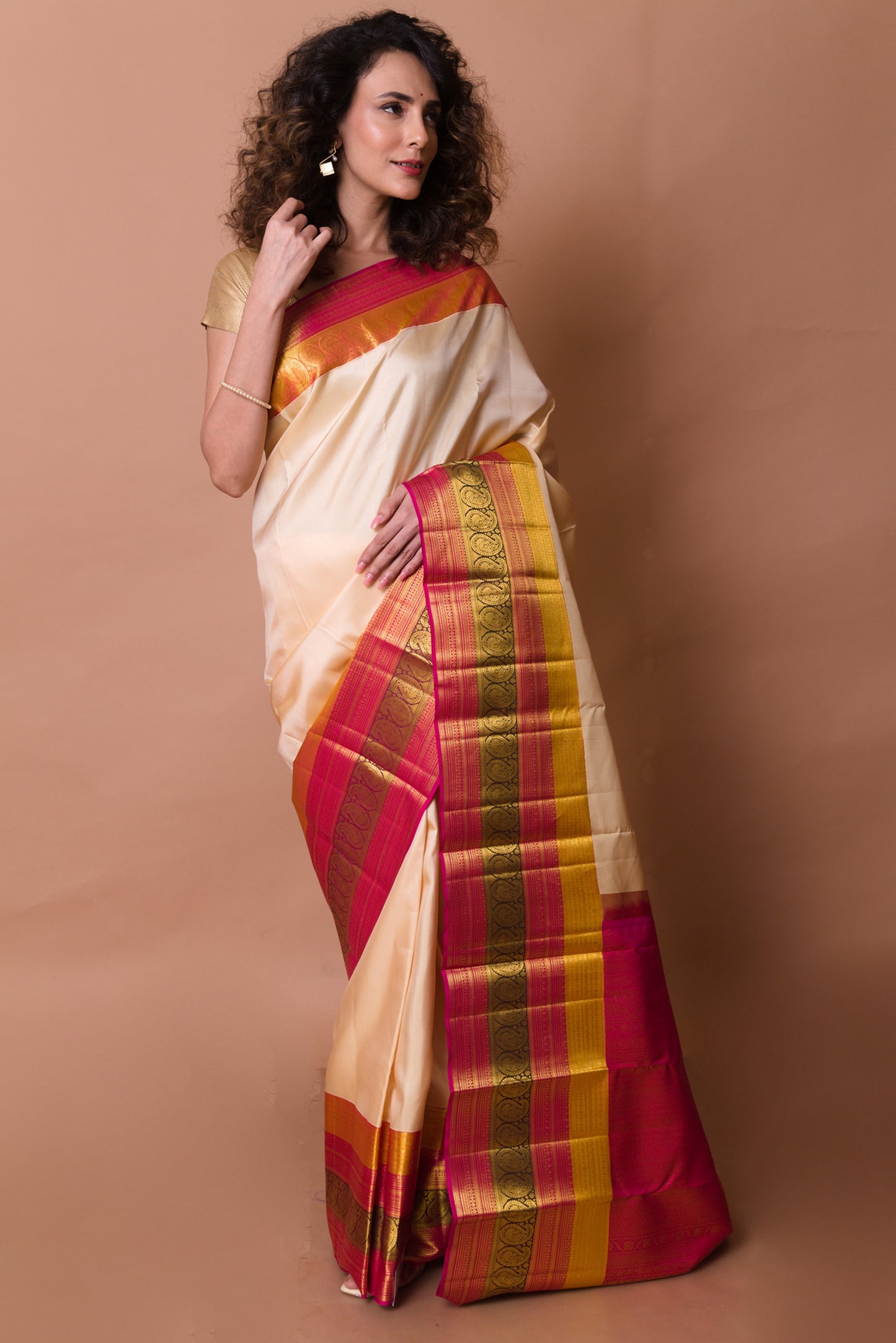 Kanchipuram Silk Plain Cream Saree