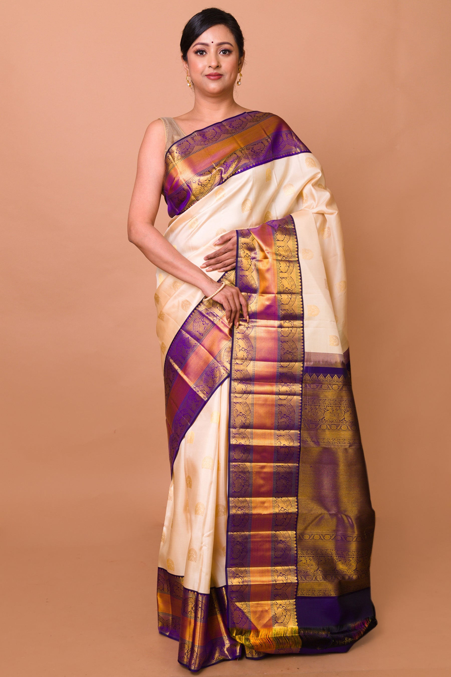 Kanchipuram Silk Butta Cream Saree