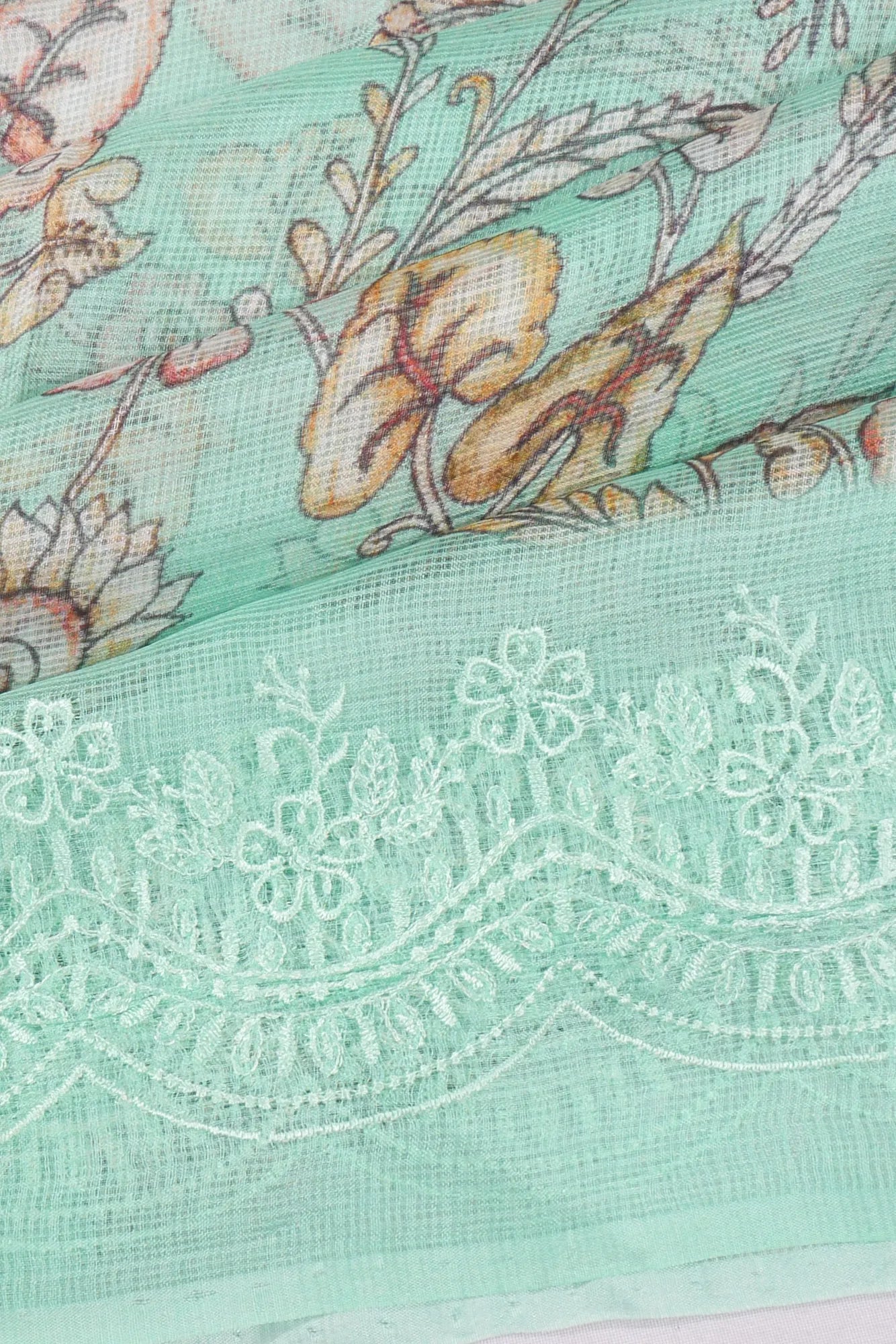 Kota Soft Silk Floral Printed Sea Green Saree With Embroidery Border