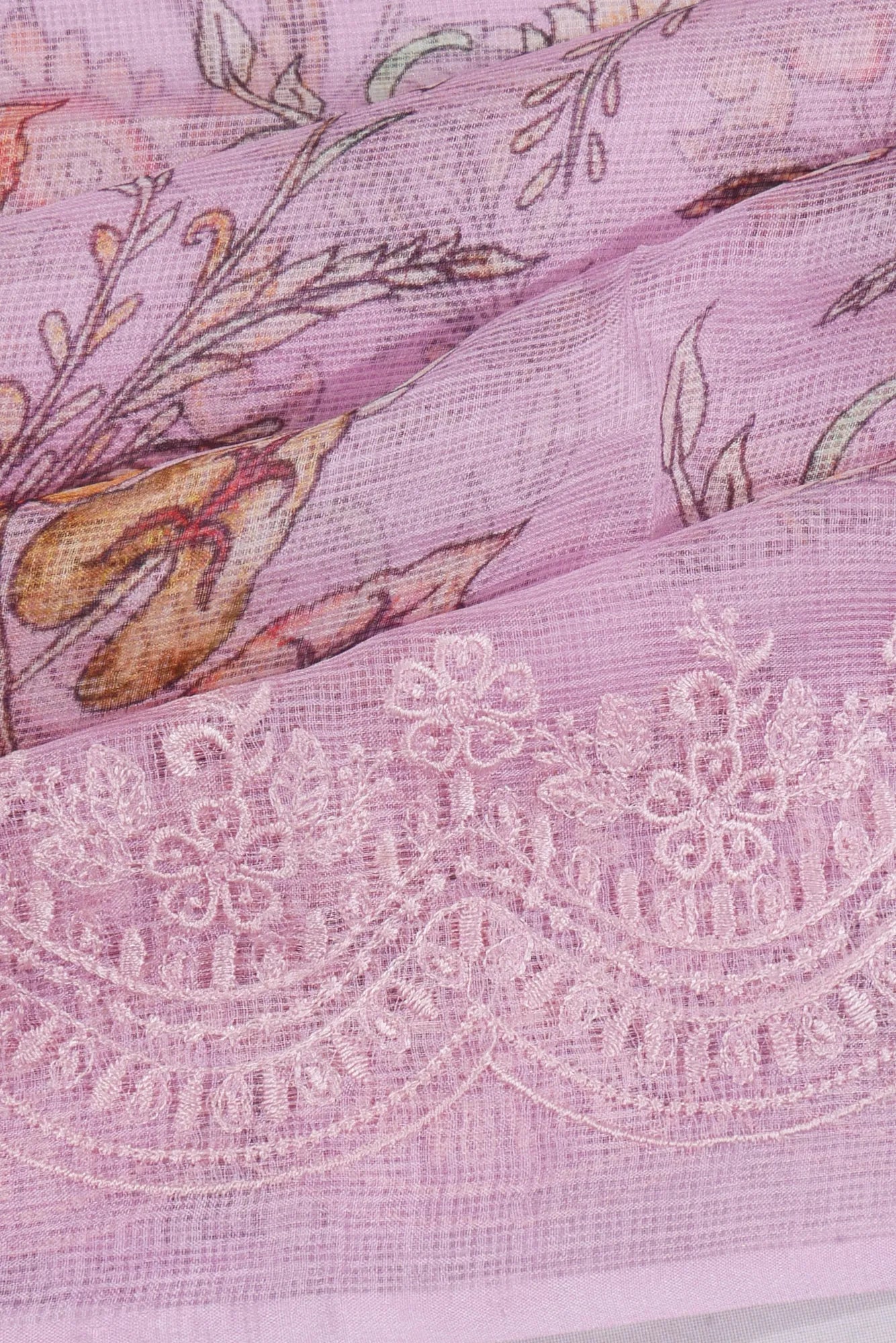 Kota Soft Silk Floral Printed Baby Pink Saree With Embroidery Border