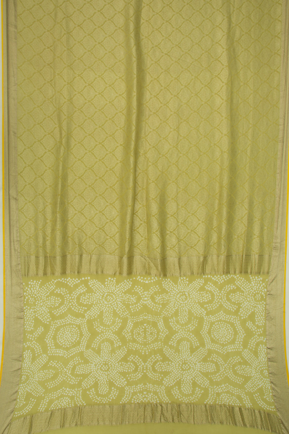 Banarasi Georgette Brocade Mehandi Green Saree With Bandhani Pallu