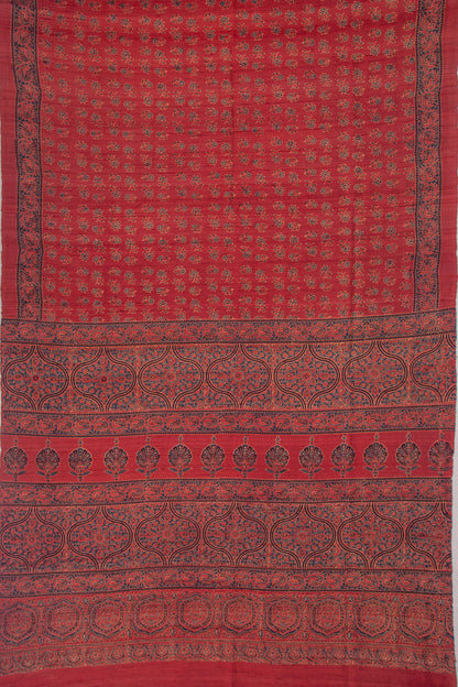 Tussar Floral Block Printed Maroon Saree