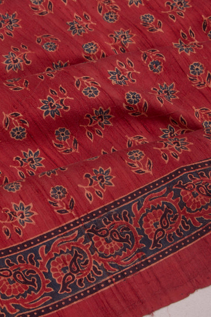Tussar Floral Block Printed Maroon Saree