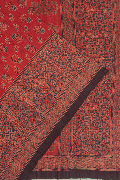 Tussar Floral Block Printed Maroon Saree