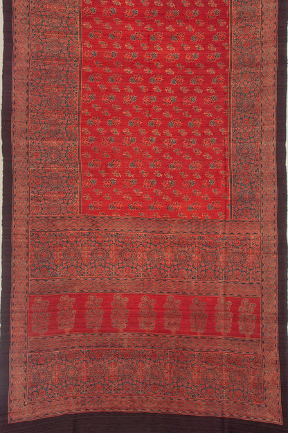 Tussar Floral Block Printed Maroon Saree