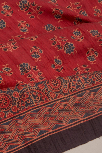 Tussar Floral Block Printed Maroon Saree