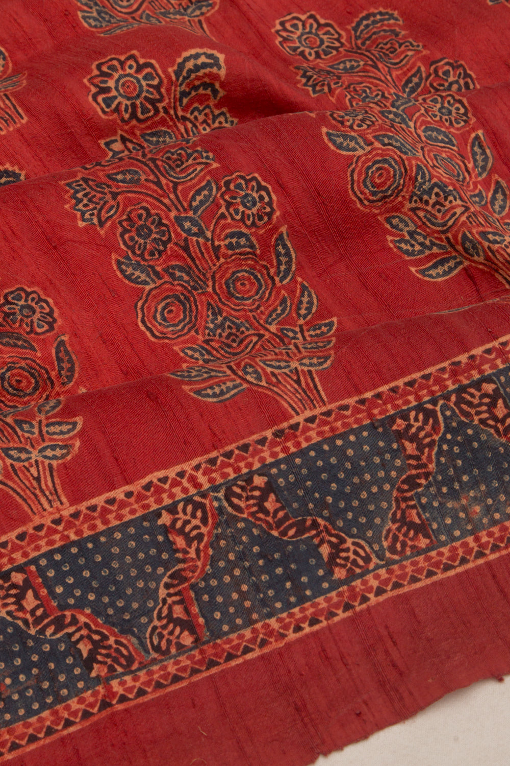 Tussar Floral Block Printed Maroon Saree