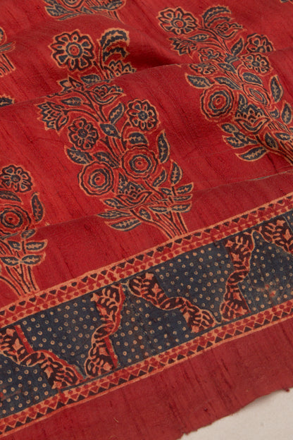 Tussar Floral Block Printed Maroon Saree