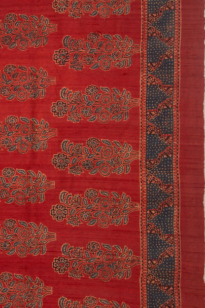 Tussar Floral Block Printed Maroon Saree