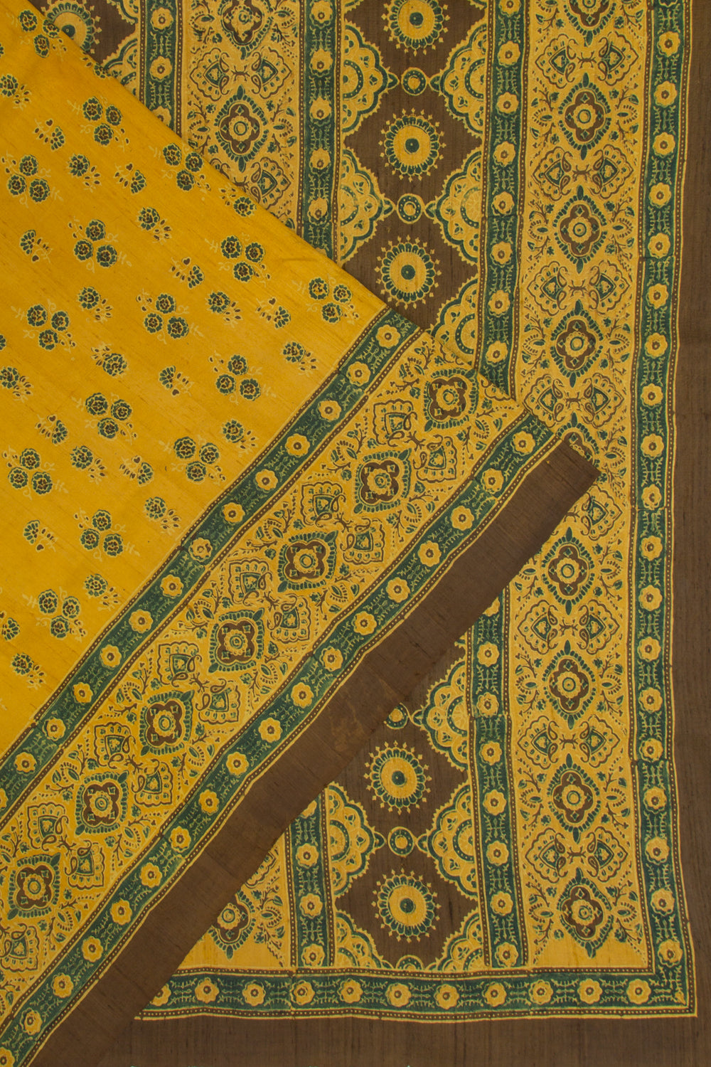 Tussar Floral Block Printed Yellow Saree