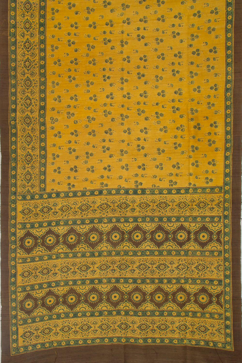 Tussar Floral Block Printed Yellow Saree