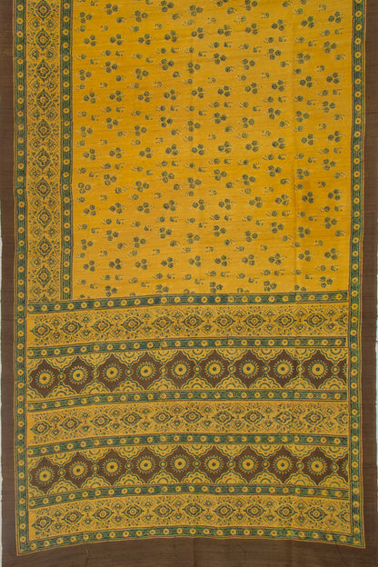 Tussar Floral Block Printed Yellow Saree