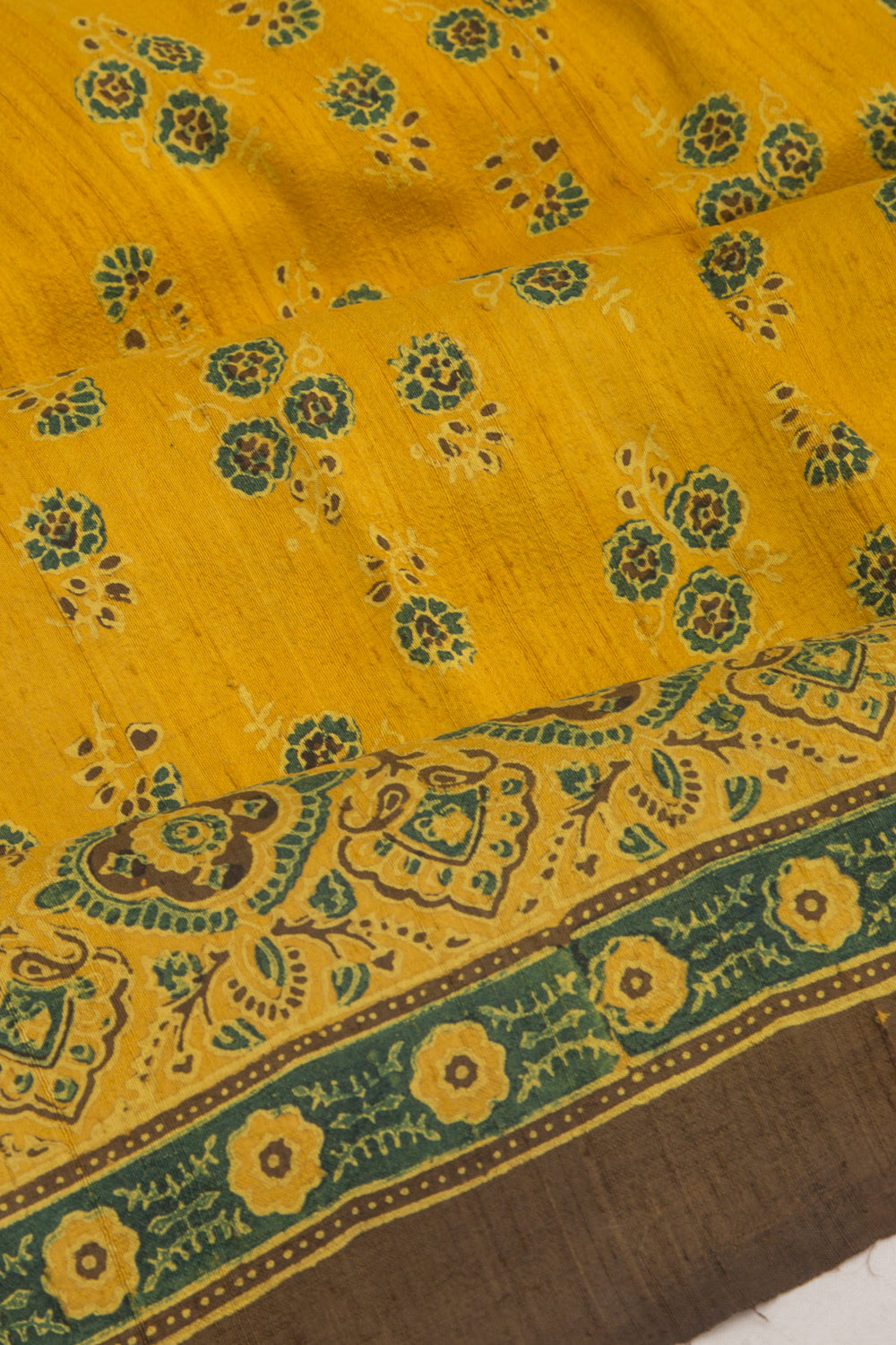 Tussar Floral Block Printed Yellow Saree