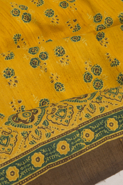 Tussar Floral Block Printed Yellow Saree