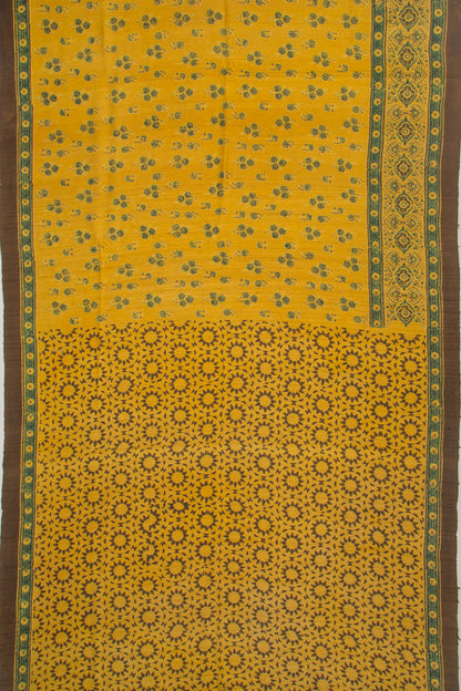 Tussar Floral Block Printed Yellow Saree