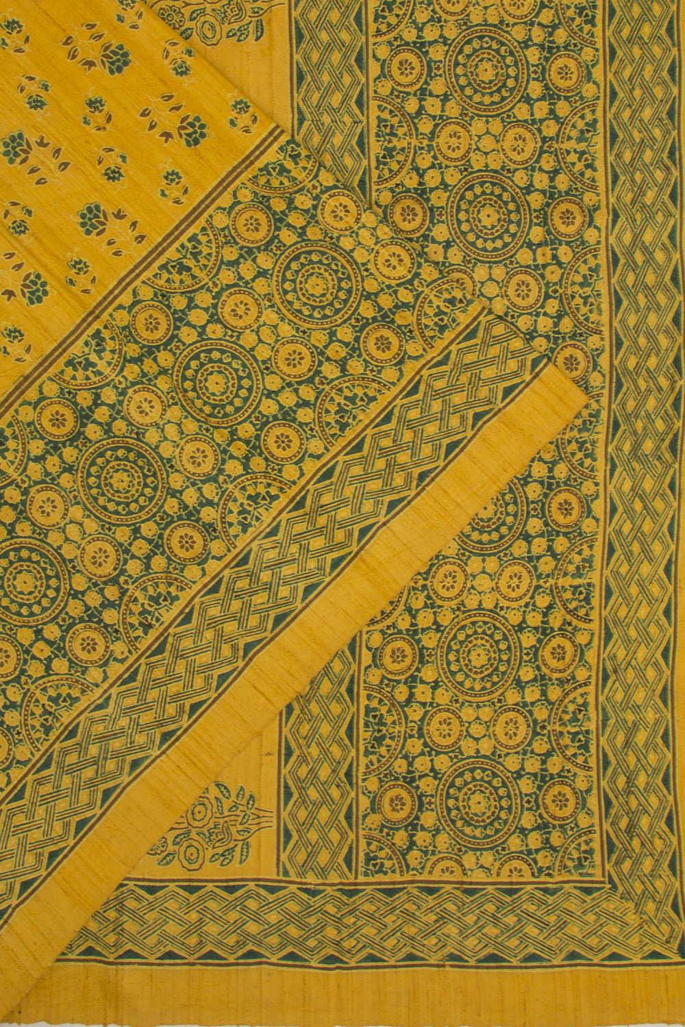 Tussar Floral Block Printed Yellow Saree