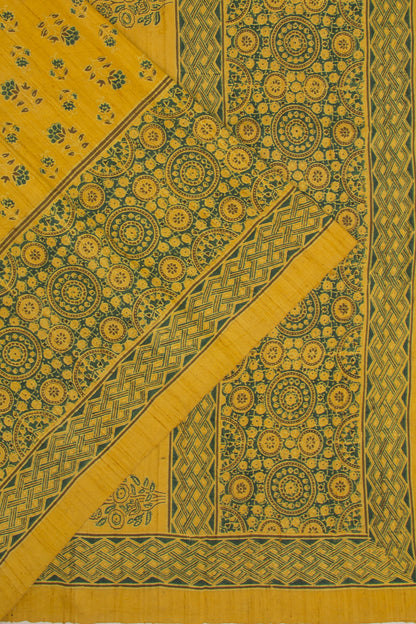 Tussar Floral Block Printed Yellow Saree