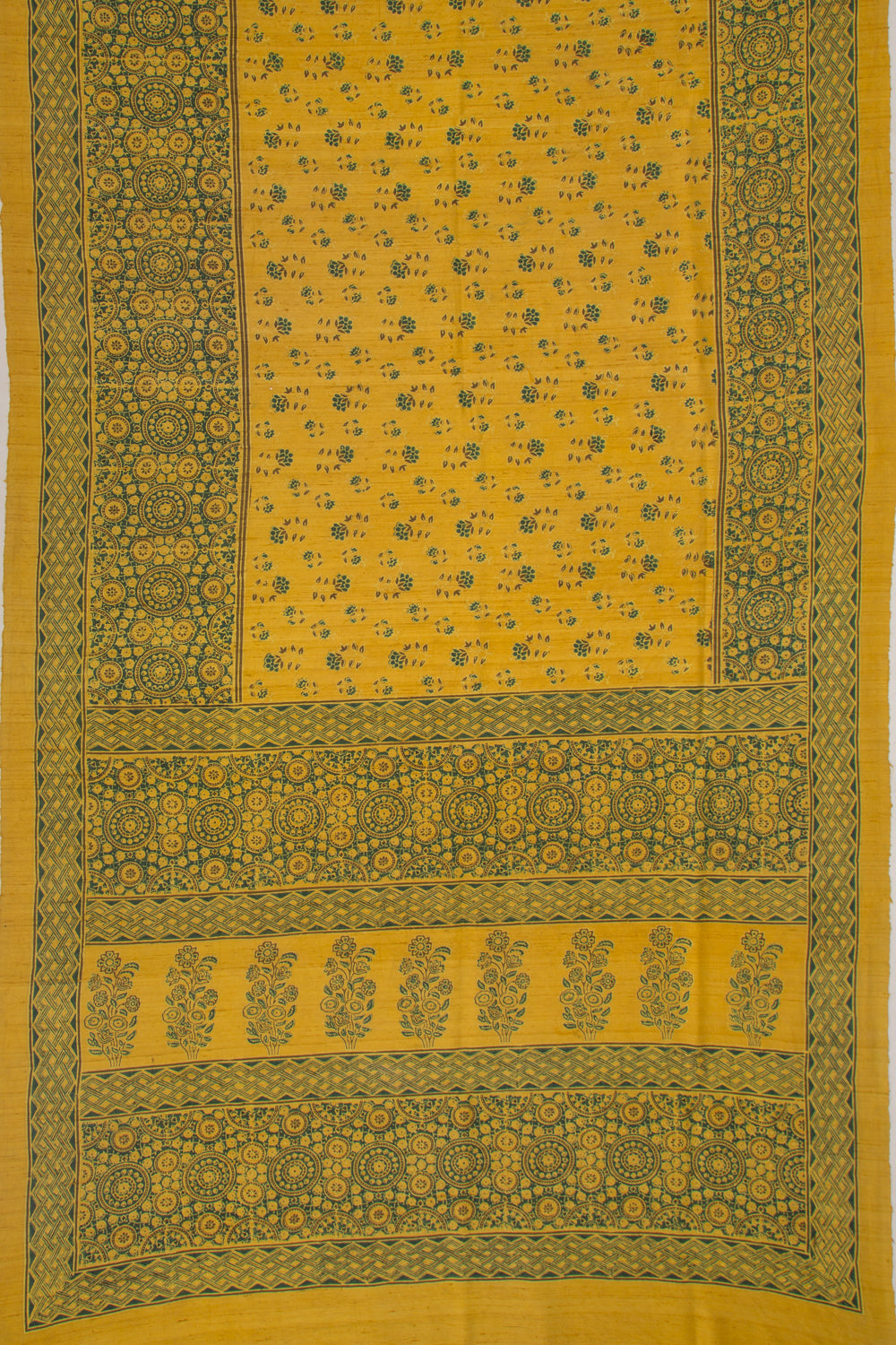Tussar Floral Block Printed Yellow Saree