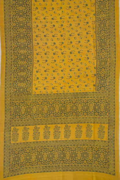 Tussar Floral Block Printed Yellow Saree