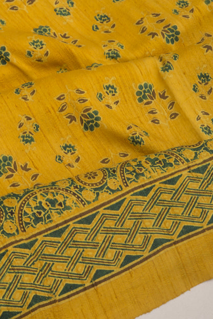 Tussar Floral Block Printed Yellow Saree