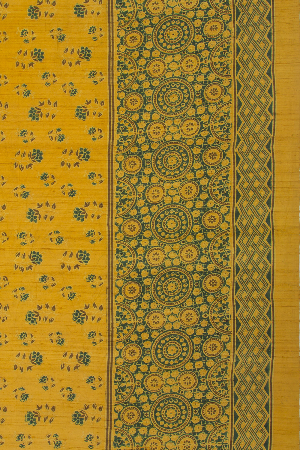 Tussar Floral Block Printed Yellow Saree