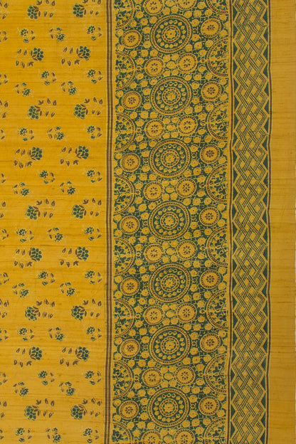 Tussar Floral Block Printed Yellow Saree