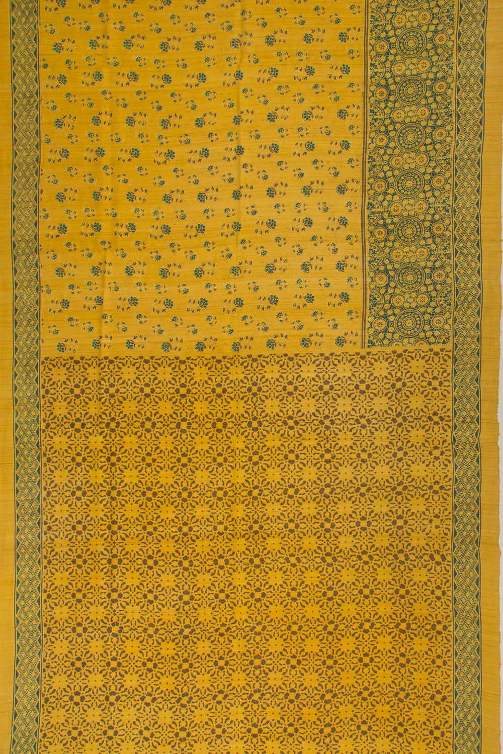 Tussar Floral Block Printed Yellow Saree