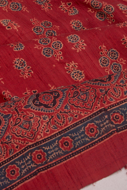 Tussar Floral Block Printed Maroon Saree