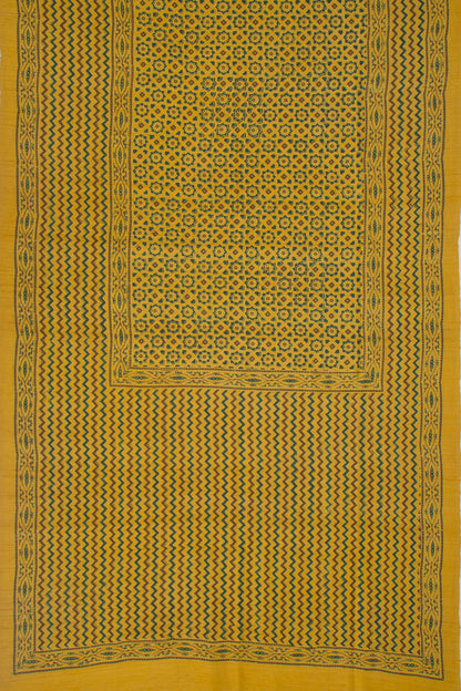 Tussar Floral Block Printed Yellow Saree